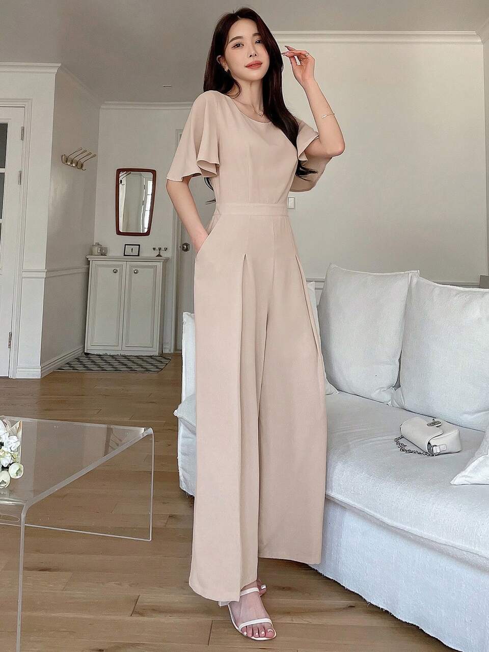 Women's Solid Color Ruffle Short Sleeve Jumpsuit Women Rompers