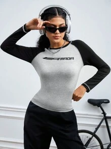 Street Sport T-shirt De Sport À Blocs De Couleurs Et Lettres Imprimées