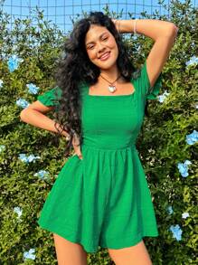 Soleia Enterizo Con Textura De Color Sólido, Cuello Cuadrado Y Cinturón - Verde - Ver 3