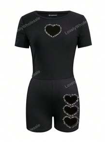 LovelyWholesale 2pcs/Set Women Heart Rhinestone Decorated Short Sleeve T-Shirt And Shorts