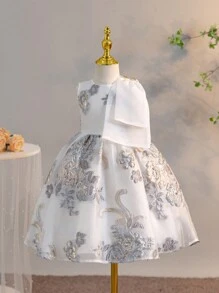 SHEIN Young Girl Leisure Round Neck Bow Decor & Bowknot Print Patchwork Dress - White - View 2