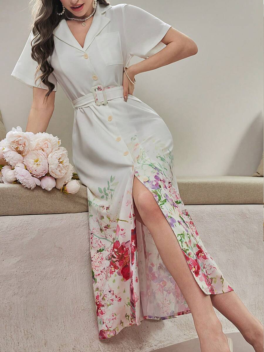 Modelyn Đầm Maxi In Hoa Cài Nút Phía Trước Cho Nữ Kèm Thắt Lưng Trang Phục Nữ - Hồng - Xem 1