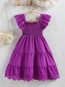Elladie kids Young Girl Solid Color Shirred Dress - Purple - View 2