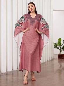 Al Najma Floral Print Batwing Sleeve V-Neck Kaftan
