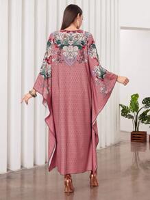 Al Najma Floral Print Batwing Sleeve V-Neck Kaftan