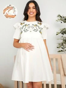 SHEIN Maternity Nursing Dress With Plant Embroidery Design