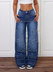 SHEIN EZwear Embroidered Zipper Fly Denim Wide Leg Pants - Medium Wash - View 1