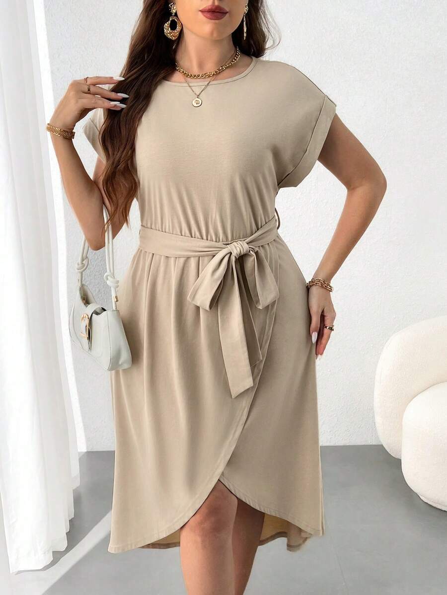 Flirla Plus Size Women's Batwing Sleeve Dress With Asymmetrical Hem - Apricot - View 1