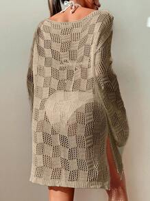 SHEIN Swim Women's Hollow Out Split Cover Up Top,Summer Beach - Khaki - View 2