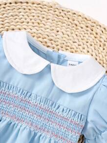 Souflis Souflis 女婴翻领褶皱短袖连体衣，带头带，可爱优雅的派对装，女婴连体衣，春夏 - 藍色 - 查看 7