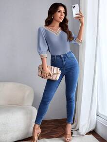 SHEIN LUNE Lace Insert V-Neck Blouse For Women - Dusty Blue - View 5