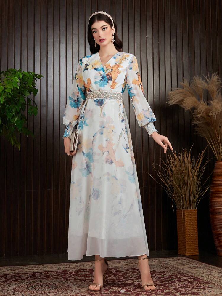 Flower Print Glitter Chain-Strap Belted Dress With Woven Tape Trim Long Evening Dresses