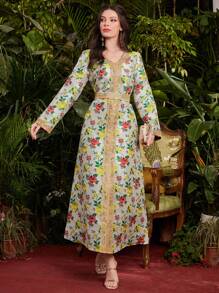 Al Najma Robe arabe à col V avec imprimé floral pour femmes - Multicolore - Voir 8