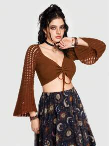 ROMWE Hippie Front Tie Flare Sleeve Eyelet Knitted Sweater - Rust Brown - View 5