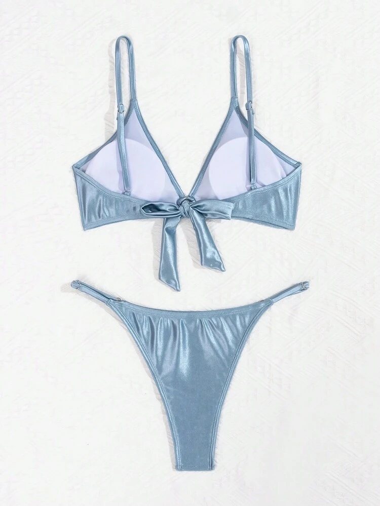 Ladies' Metallic Fabric Halter Bikini Set With Back Tie Summer