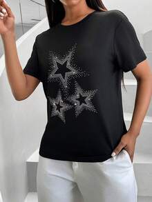 SHEIN Essnce 女款星星鑽石裝飾t恤 - 黑色 - 查看 5