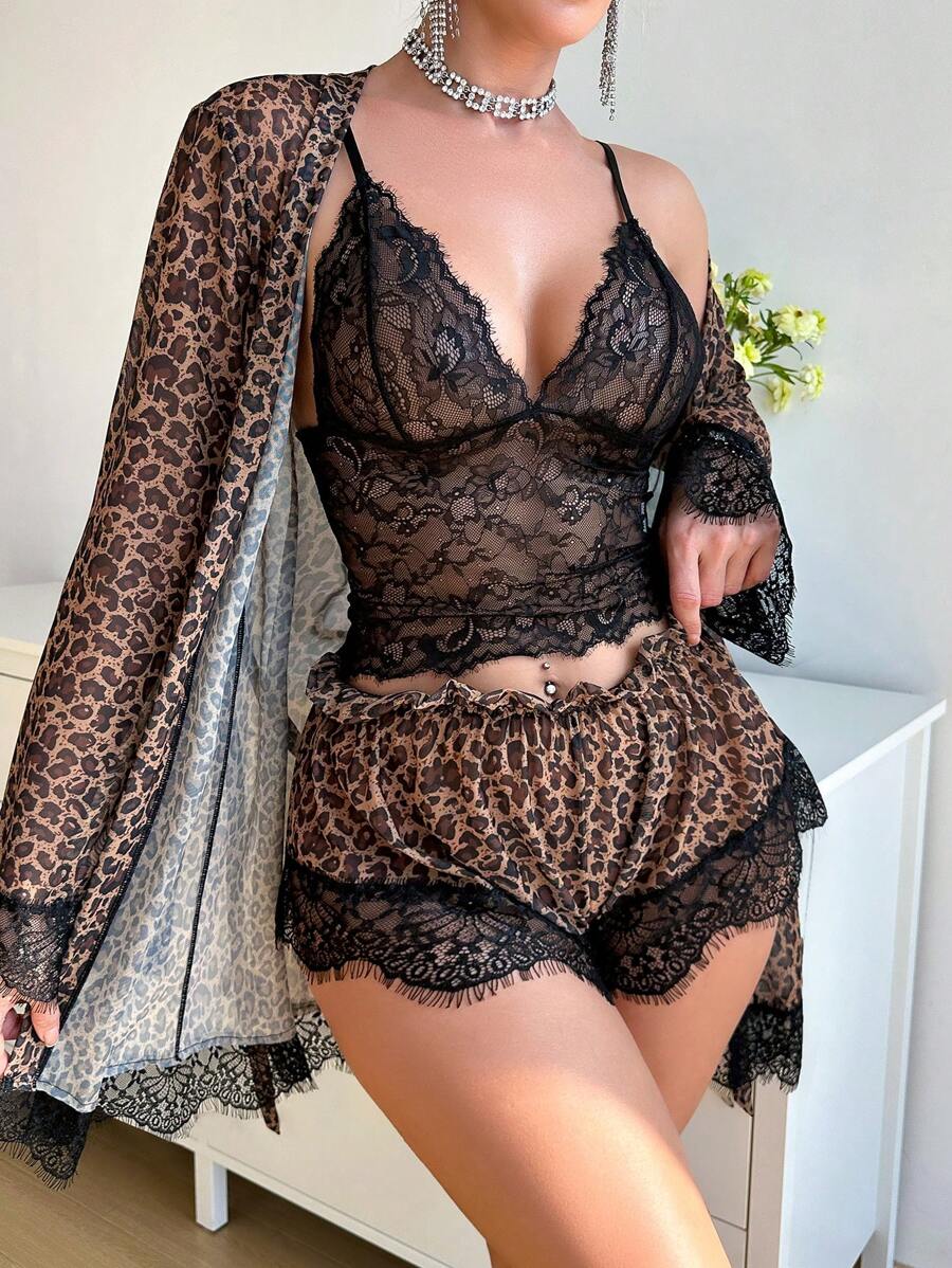 SHEIN 4pcs Sexy Lingerie Set, Including Wire-Free Bra, Boyshorts Briefs, Robe And Waistbelt Sexy Pajama Setsexy Night Wearsexy Nightwearlingerie 2 Pieces Setsexy Lingerie Dress - Multicolor - View 1