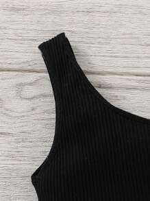 SHEIN 青少年女孩流行編織彩塊單肩連身褲，運動風格 - 黑色 - 查看 4