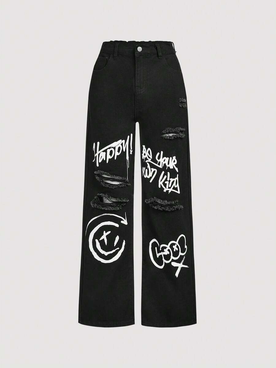 SHEIN Jeans di denim strappati con stampa grafica di cartoni animati e lettere, stile Y2K per ragazze pre-adolescenti, stile boho per primavera ed estate - nero - Visualizzare 1