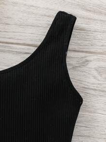 SHEIN 青少年女孩流行編織彩塊單肩連身褲，運動風格 - 黑色 - 查看 5