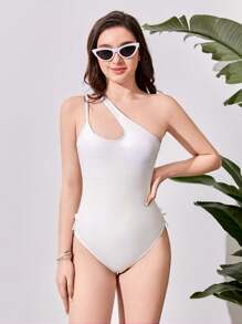 中年女孩的單肩中空無袖連體泳衣 - 白色 - 查看 1