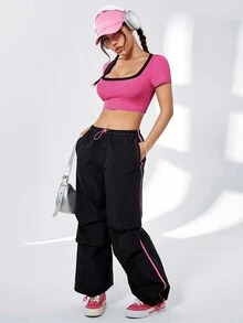 SHEIN Qutie Của phụ nữ Thon gọn Quần skinny Áo thun Với Tương phản - Nhiều màu - Xem 4