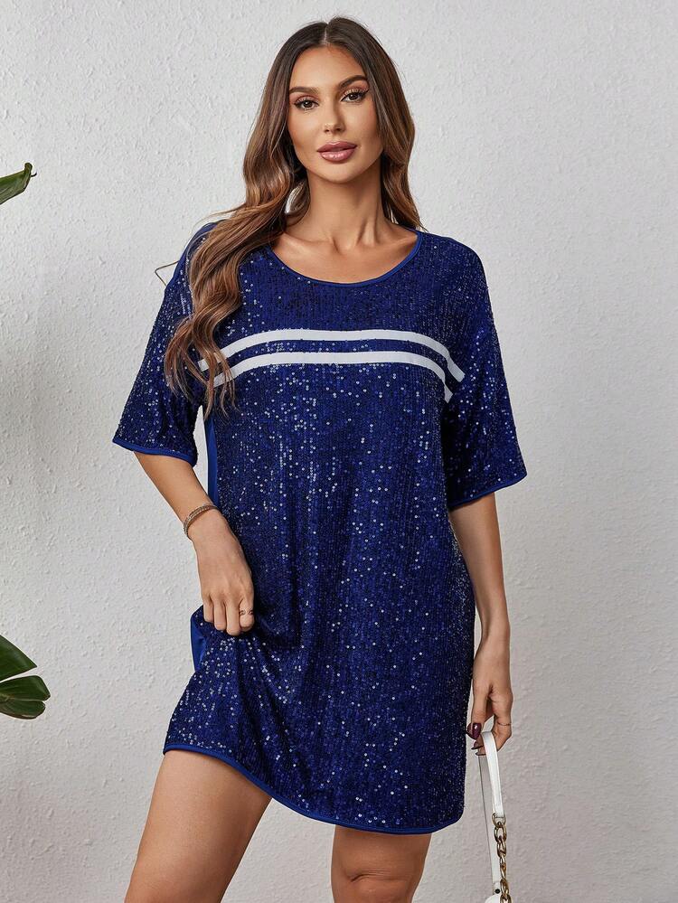 Loose Fit Drop-Shoulder T-Shirt With Striped Color Block And Sequin Embellishments