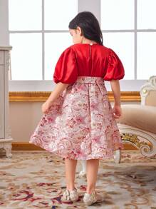 SHEIN Robe d'été à manches ballon pour jeunes filles nouveau style européen vintage avec robe plissée de style cour pour tout-petits - Rouge foncé - Voir 2