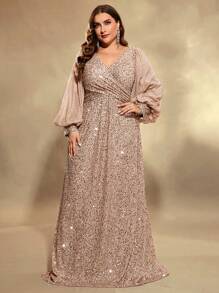 UNITHORSE 大码灯笼袖亮片正式礼服，优雅长袖舞会晚宴婚礼宾客礼服，适合毕业典礼、晚宴、新娘礼服、生日派对等场合，春季派对礼服 - 香檳色 - 查看 6