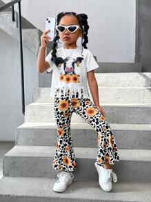 SHEIN Young Girl's Sunflower & Cow Pattern Fringe Hem Short Sleeve Top And Flared Pants Two Pieces Set For Summer - Pink - View 6