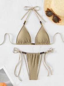 SHEIN Swim Summer Solid Color Textured Bikini Set With Studs Detail And Halter Neck Strap - Khaki - View 6