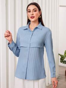 Camisa De Manga Larga Con Textura De Color Sólido - Azul - Ver 5