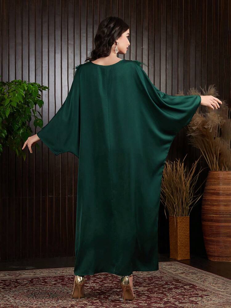 Women's Feather Patchwork Batwing Sleeve Turkish Long Shirt Kaftan Jalabiya Dress