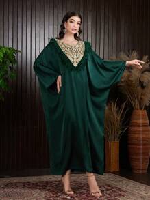 Al Najma 女裝羽毛拼接蝙蝠袖土耳其長款襯衫 - 墨綠色 - 查看 3