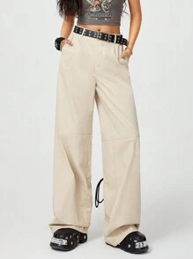 SHEIN EZwear 抽绳腰部多功能阔腿加长工装裤