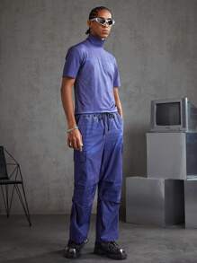 Manfinity VCAY 2pcs/Set Knitted Casual Solid Color High Neck T-Shirt And Drawstring Pocket Pants - Blue - View 5