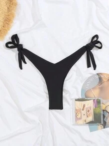 SHEIN Swim 女士新婚度假系帶蕾絲泳裝底褲,帶側扣 - 黑色 - 查看 4