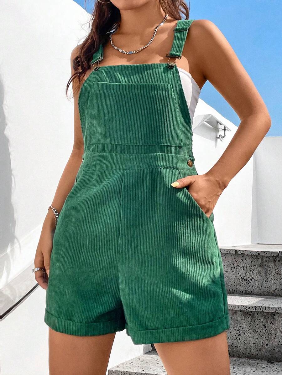 SHEIN Unity Corduroy Short Rolled Cuff Overalls - Green - View 1