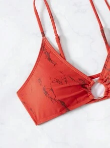 SHEIN Swim 2pcs/Set Women's Marble Print Bikini Top With Spaghetti Straps Summer - Multicolor - View 4