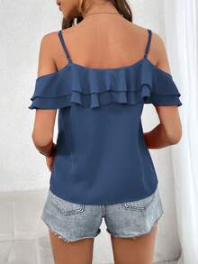 SHEIN LUNE 女士純色荷葉邊衬衫 - 霧霾藍 - 查看 2