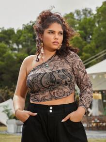 SHEIN Clasi Plus Size Women's One Shoulder Long Sleeve Top With Paisley Printed - Multicolor - View 6