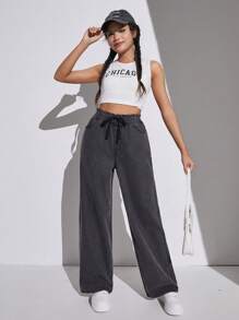 Cô Gái Tuổi Teen Dây Rút Cao Cấp Nghiêng Túi Dáng Rộng Mùa Hè Quần Jean Ống Rộng Quần Denim Màu Xám Giặt Quần Jean Baggy - màu đen - Xem 3