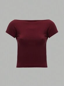 EURMUSE Quý cô Chất rắn Có màu sắc Cổ thuyền Không lưng Áo thun - Màu Đỏ Sâu - Xem 2