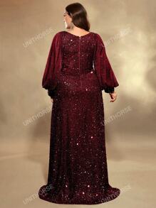 UNITHORSE UNITHORSE Plus Size Lantern Sleeve Sequined Formal Dress, Elegant Long Sleeve Prom Evening Wedding Guest Gown, For Graduation, Dinner, Bride Dress, Birthday Women Outfits, Graduation Dress,Party Dress