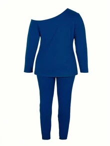 2pcs Set Plus Size Women Asymmetrical Neck Top With Split Hem And Distressed Pants - Blue - View 2