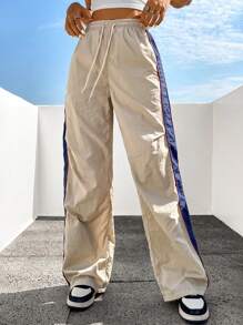 Flirla Side Contrast Decoration Wide Leg Pants - Brown - View 4