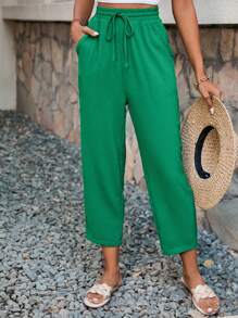 SHEIN Frenchy 女性夏季純色束腰紋理錐形褲 - 綠色 - 查看 5