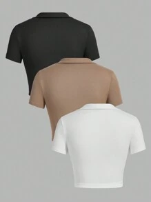 SHEIN EZwear 3 件套 V 领短袖短款休闲修身女式 T 恤，适合夏季 - 彩色 - 查看 4