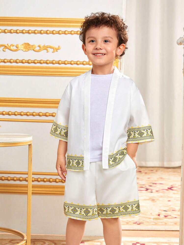 Young Boys' Loose Casual Geometric Pattern Printed Long Sleeve Cardigan And Shorts Set