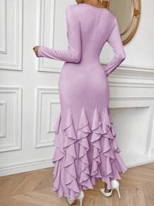 SHEIN Privé Women's Solid Color Frill Trim Fish Tail Bodycon Dress - Mauve Purple - View 2